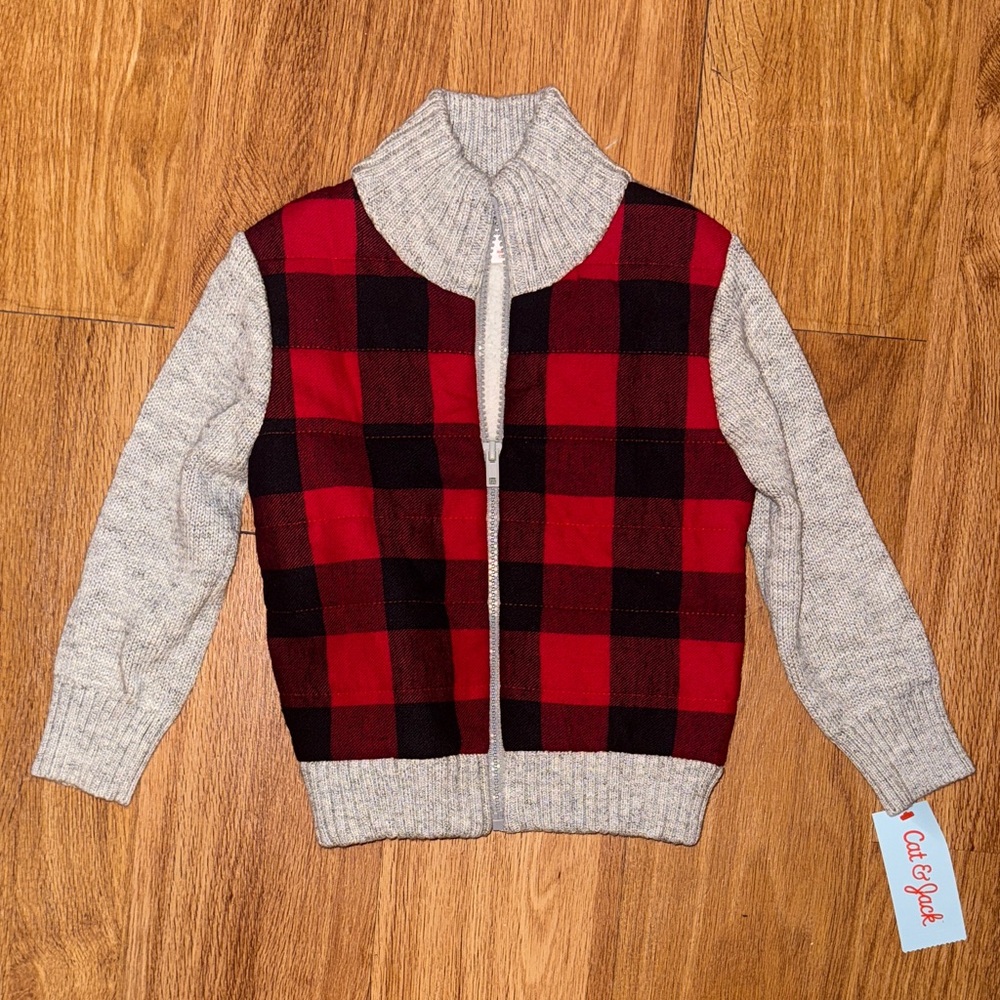 Cat & Jack Red and Gray Plaid Sweater